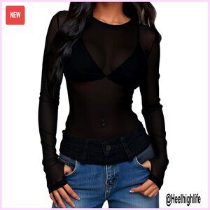 Sheer Mesh Long Sleeve Top with Thumb Holes, Fitted Crewneck Tee
